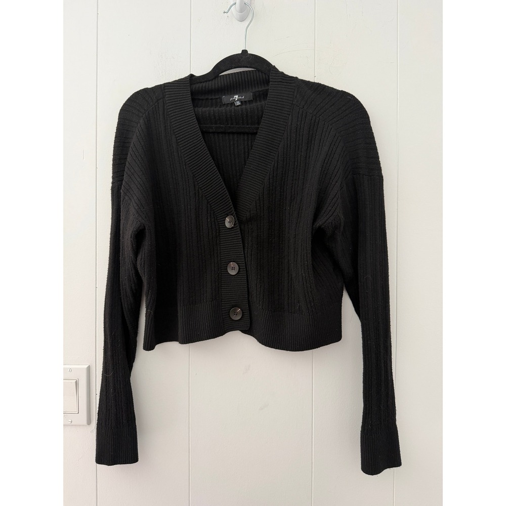 7 For All Mankind Black Ribbed Cropped Cardigan Sweater XS V-Neck 81904